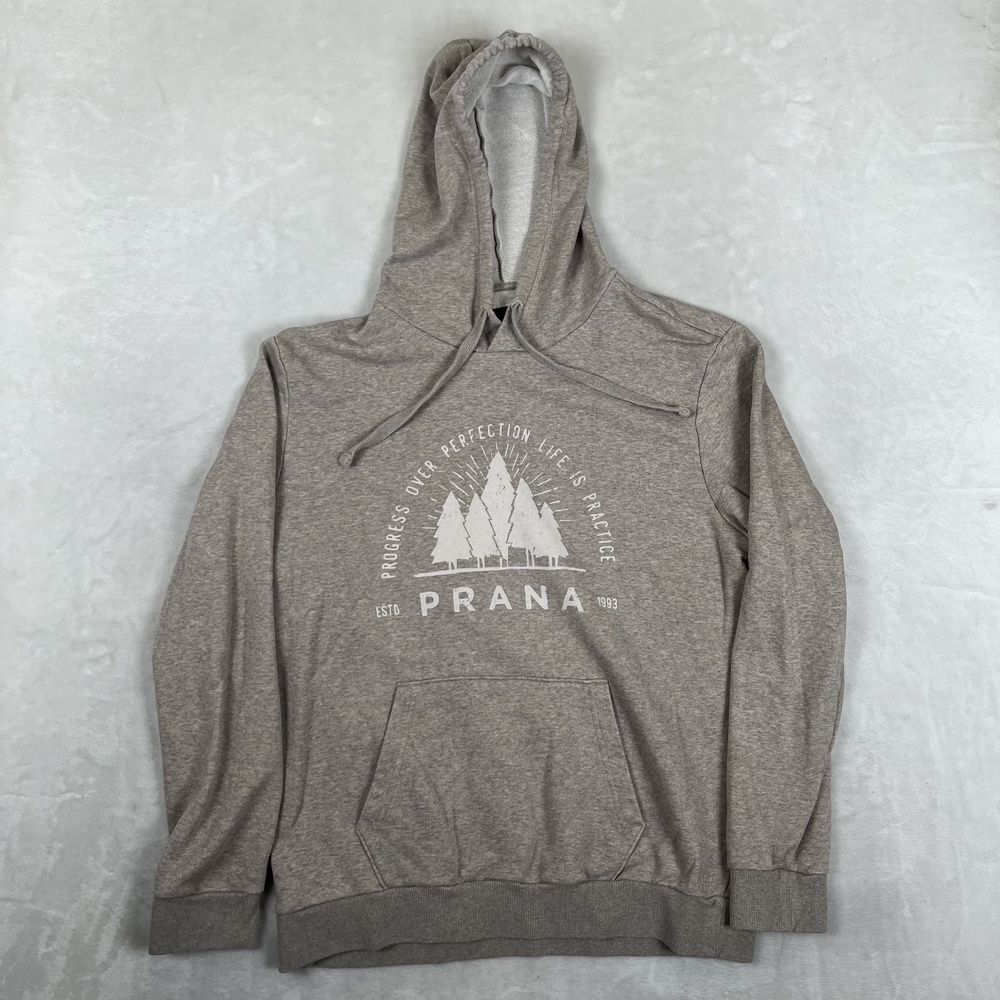 PrAna Hoodie Mens Large Gray Pullover Sweatshirt Trees Graphic 1993 Outdoor